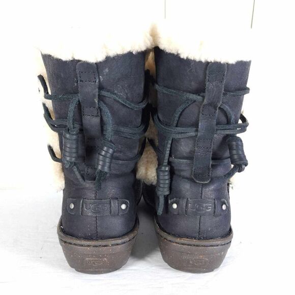 UGG Women's Akadia US 7 Black Leather Sheepskin Shearling Mid Calf Winter Boots - Picture 10 of 12